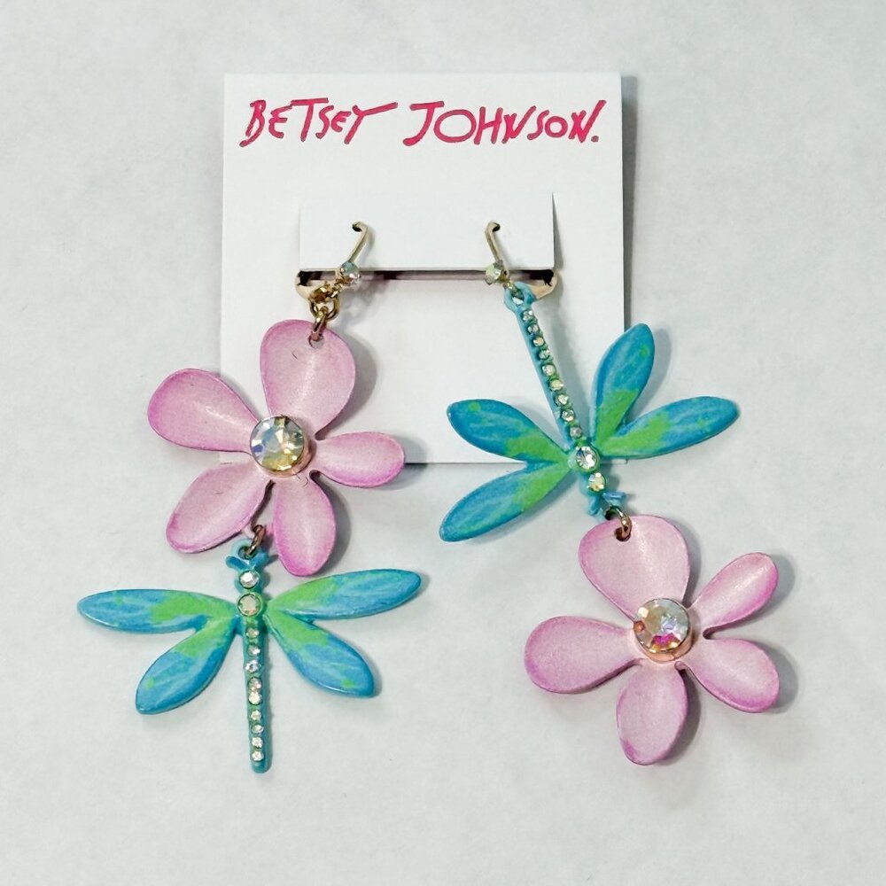 Betsey Johnson NWOB Flower Dragonfly Dangle Mismatch Earrings - Picture 4 of 8